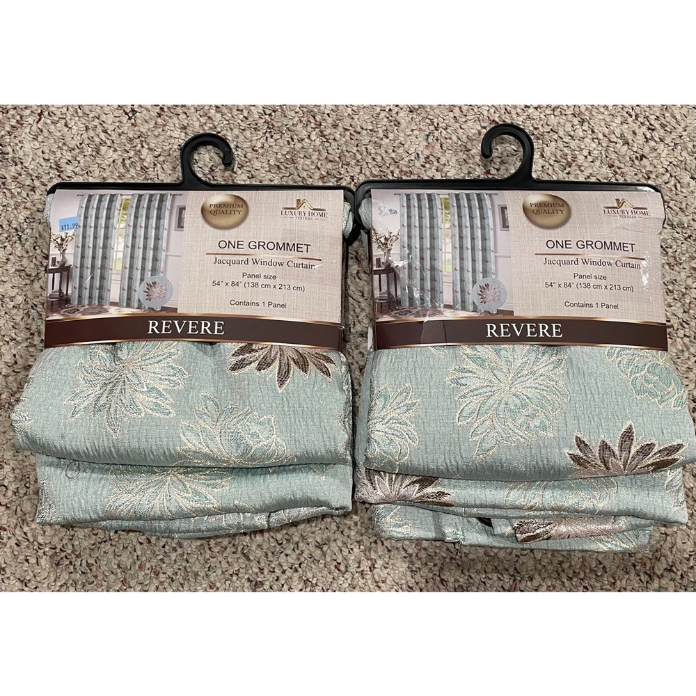 Curtains Aqua-Beige Floral Jacquard - 2 Panels w/Grommets (54” x 84”)